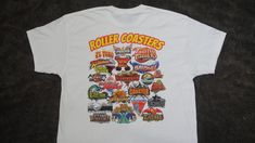 a white t - shirt with the words roller coasters printed on it's chest