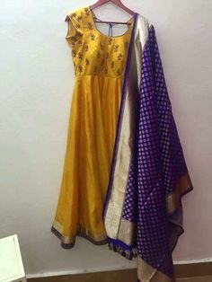 Yellow Outfit Indian, Purple And Yellow Outfit, Plazo Outfits, Purple Dupatta, Purple Anarkali, Yellow Kurti, Outfit Indian, Silk Anarkali