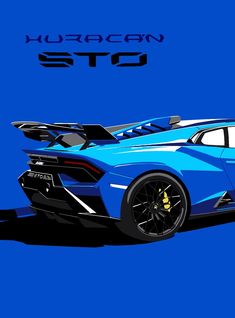 On a flat blue background is a block colour representation of an angular, blue Lamborghini car, which is shown from a three quarter rear view. The design emphasizes the ridiculous vents and aerodynamic features, including a rather foolish looking rear wing. In the top left corner is the logo with the words 'Huracán STO' in capitals. Mustang Gtr, Most Luxurious Car, Rolls Royce Car, Creepy Backgrounds, Cars Aesthetic, Car Luxury, Cool Car Drawings, Automotive Artwork