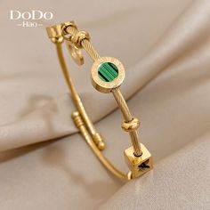 DODOHAO Stainless Steel Luxury Famous Brand Roman Numeral Bangle Bracelet Charm Golden Green Stone Daily Wear Jewellery, Wire Cuff, Golden Green, Retro Punk, Stainless Steel Bangles, Vintage Punk, Estilo Punk, Cable Wire, Style Punk