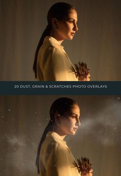 a woman in a yellow dress holding a pine cone with the caption, 20 dust - grain scratches photos overlays