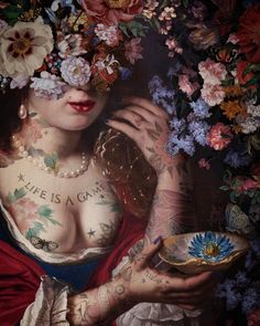 a painting of a woman holding a plate with flowers on her head and tattoos on her chest