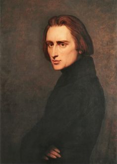 a painting of a man with long hair and wearing a black coat, standing in front of a gray background