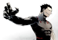 an anime character with black hair and red eyes holding his arm up in the air