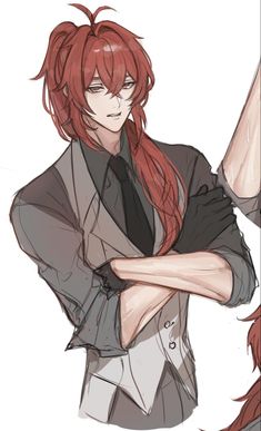 an anime character with red hair wearing a suit and holding her arms crossed, looking to the side