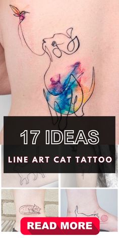 the back of a woman's stomach with tattoos on it and text reading 17 ideas line art cat tattoo