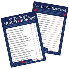 two guess who mommy and daddy game cards with question marks on the front and back