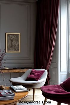 Modern Burgundy Living Room Aesthetic Burgundy Room, Burgundy Living Room, Burgundy Aesthetic, Purple Living Room, Living Room Aesthetic, Brick In The Wall, Sleek Furniture, Grey Room, Pretty Room