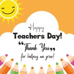 a happy teachers day card with colored pencils in front of an orange sky and sun