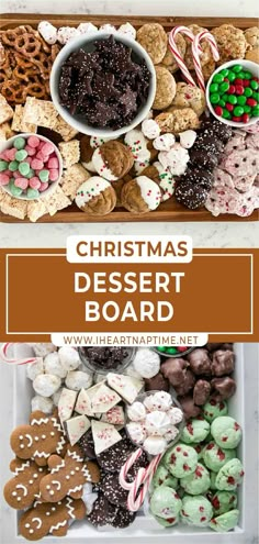 christmas dessert board with cookies, pretzels and candy