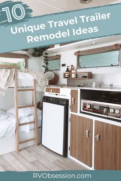 the interior of an rv with bunk beds and kitchenette in it, including a stove top