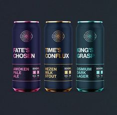 three different types of beer cans on a dark background with the same color as each one