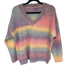 Purple Lava Women’s Cotton Candy Striped Oversized Colorful Sweater Medium Nwot Cotton/Acrylic Blend Super Soft And Cozy Very Oversized Fit Brand New With Hangtag String, But No Tag Smoke Free Pet Free Home Fast Shipping! 26” Pit To Pit 27” Top To Bottom 130 Trendy Multicolor V-neck Sweater, Oversized Rainbow Casual Sweater, Casual Oversized Rainbow Sweater, Oversized Multicolor Trendy Sweater, Colorful Oversized Casual Sweater, Trendy Purple V-neck Sweater, Oversized Purple Knit Sweater, Oversized Purple V-neck Sweater, Candy Stripes