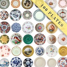 a collection of porcelain plates and saucers with the words 100 plates on it in yellow