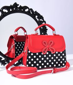 Black & White Dot & Red Accented Leatherette Handbag - Unique Vintage - Womens, ACCESSORIES, HANDBAGS Retro Red Top Handle Shoulder Bag, Red Retro Top Handle Shoulder Bag, Retro Red Top Handle Satchel, Retro Red Shoulder Satchel, Retro Red Satchel Shoulder Bag, Retro Red Satchel With Detachable Handle, Red Retro Satchel With Detachable Strap, Retro Red Satchel With Detachable Strap, Retro Red Satchel For Daily Use