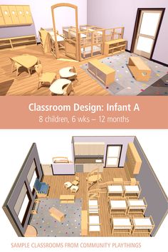 This layout design for an Infant classroom includes a protective, gated divider around a napping area, a carpeted play area, cubbies, and separated feeding and diapering areas. Click through to view the labeled floor plan and 3-D rendering, plus a complete pricelist, so you can purchase furniture for a whole room or pick and choose ideas. Visit our “Classroom Layout Designs” board to explore more! Preschool Infant Room, Group Family Daycare Setup, Small Childcare Room Ideas, Infant Room Design, Montessori Infant Classroom Layout, Daycare Center Infant Room Ideas, Daycare Furniture Ideas, Infant Room Set Up Daycare, Small Infant Room Daycare Layout