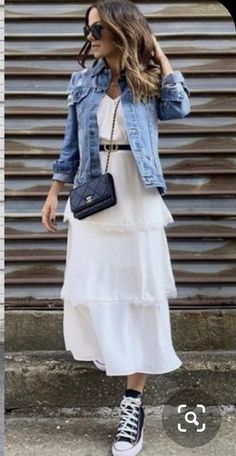 Fiesta Outfit, Denim Jacket With Dress, Stylish Work Outfits, White Skirts, Work Outfit, Lace Skirt, Dress Skirt, Casual Dress, Casual Fashion