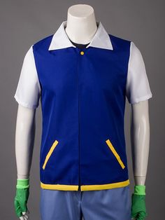 a blue and white jacket with yellow trims on the collar, two green gloves in front of it