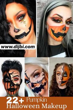 Diy Pumpkin Makeup, Halloween Makeup Easy Pumpkin, Face Makeup For Halloween For Women, Pumpkin Themed Makeup, Easy Pumpkin Face Makeup, Halloween Pumpkin Makeup Easy Diy, Halloween Pumpkin Makeup Looks, Womens Pumpkin Makeup, Pumkin Makeup Cute