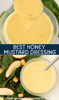 the best honey mustard dressing recipe is in a glass bowl with spinach leaves and sliced apples