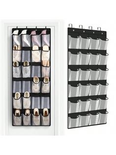 an over the door shoe rack with several pairs of shoes hanging on it's sides