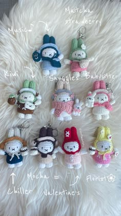 there are many small crocheted keychains on the fur