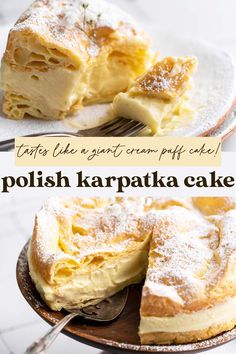 this is an image of a cake with powdered sugar on top and the words polish karapaka cake below it