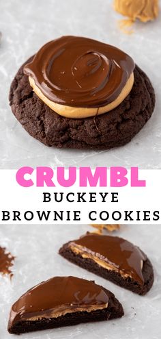 chocolate crumbl buckeye brownie cookies with peanut butter on top