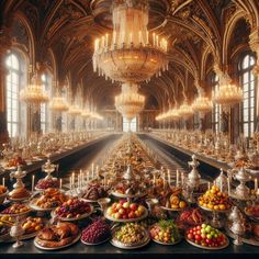 an elaborately decorated dining hall with chandeliers and plates full of fruit on the table