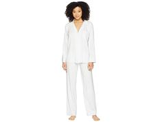 Eberjey Gisele - PJ Set - Women's Pajama Sets : Water Blue : Part of the Eberjey Gisele Collection. Solid pajama set. Sublimely soft stretch jersey fabric feels absolutely divine. Rounded notched collar. Allover contrast piping offers sophisticated flair. Long sleeves. Traditional long sleeve top features a notched collar, chest patch pocket, and button front. Front button placket. Pajama pant has a lower rise and relaxed leg. Comfy covered elastic waistband. Pants feature an elastic waistband. Luxury Washed Blue Button-up Shirt, Pj Sets Eberjey, Water Blue, Pajama Pant, Contrast Piping, Pajama Set Women, Womens Size Chart, Notched Collar, Pajama Sets