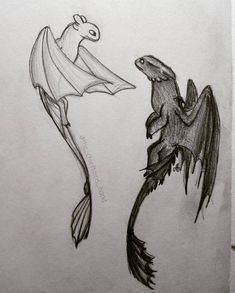 a drawing of two different types of fish and a bird with wings on their backs