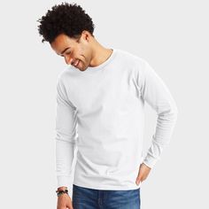 Our legendary Hanes Beefy T® long-sleeve unisex t-shirt is a must-have addition to any wardrobe and can be worn alone or as a versatile bottom layer. The premium cotton or cotton blend (depending on the color) jersey fabric feels good against the skin and is preshrunk to maintain its fit. This classic tee also features double stitching on the hem and sleeve seams for additional sturdiness. A fuller fit means you'll stay comfortable all day. Always a popular style, it is now available in a conven Sleeve Packaging, Basic Tees, Popular Style, Jersey Fabric, Sleeve Styles, Unisex T Shirt, Fitness Fashion, Long Sleeve Tshirt, Long Sleeve Tees