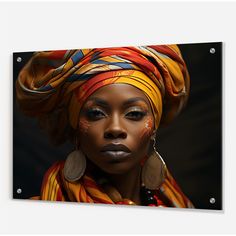 an african woman with bright makeup and headdress is featured on a black background