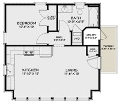 the floor plan for a two bedroom, one bathroom apartment with an attached kitchen and living room