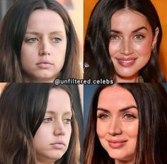 four different pictures of the same woman's face with different hair colors and makeup