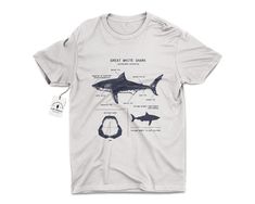 "Original great white shark anatomy design screen printed onto a ringspun cotton shirt using water based inks. Each shirt is twined and tagged giving a nautical presentation. Perfect for any shark enthusiast. T-shirt stats: * 100% ringspun cotton * Original hand-drawn design * Water-based inks * Unisex sizing * Shoulder taping * Side-seamed * Pre-shrunk Why do we use ringspun cotton? Apart from being derived purely from nature, cotton is soft, supple, and breathable to the skin without any irrit Shark Shirts Vinyl, Shark Biology, Shark Tshirts, Great White Shark Drawing, Shark Anatomy, Marine Biology Shirts, Shark Clothes, Biology Shirt, Anatomy Design