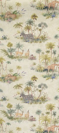 an animal themed wallpaper with zebras, giraffes and palm trees