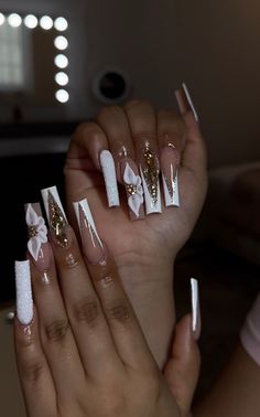 Nails To Recreate, Gold White Acrylic Nails, Gold And White Nails Christmas, White Nail Sets With Designs, White And Gold Nails Prom, White And Gold Acrylic Nails With Design, Birthday Nails White And Gold, White And Gold Flower Nails, Gold Long Acrylic Nails