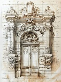 an architectural drawing of a door with carvings on it