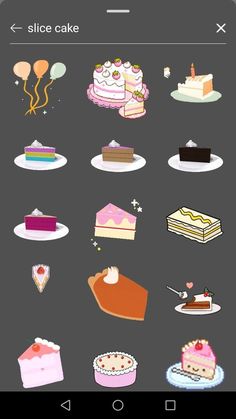 a bunch of different types of cakes and desserts on a cell phone with the words slice