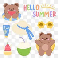 an image of hello summer stickers on the glass window decal, with bear and ice cream