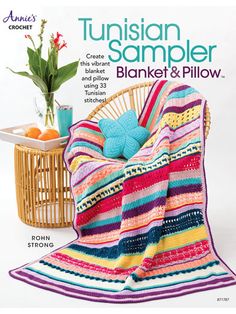 a magazine cover with a crocheted blanket and potted plant