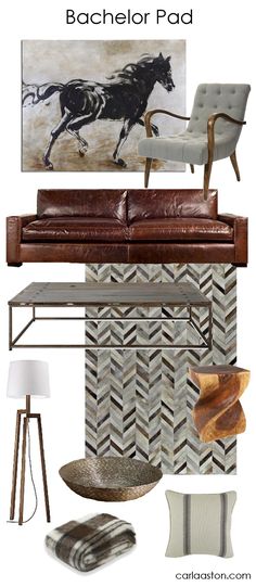 an interior design board with leather furniture and accessories