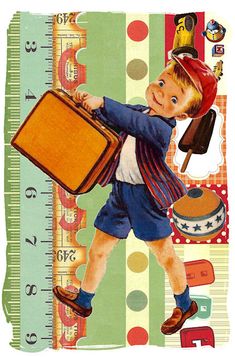 a little boy carrying a suitcase on top of a wooden floor next to a ruler