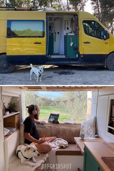 two pictures side by side, one with a dog and the other with a yellow van