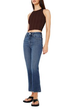 Light distressing gives a lived-in look to stretch-kissed flare jeans boasting a cropped length that's perfect for sunny days. 26" inseam; 18" leg opening; 11 1/2" front rise; 14" back rise (size 8)
 Zip fly with button closure Five-pocket style 69% preconsumer cotton, 30% lyocell, 1% elastane Machine wash, tumble dry Made in Turkey Black Owned/Founded Dark Wash Cropped Flare Jeans With Five Pockets, Cropped Dark Wash Flare Jeans With Five Pockets, Summer Flare Jeans With Five Pockets, Dark Wash Cropped Flare Jeans With Frayed Hem, Stretch Cropped Flare Denim Jeans, Cropped Flare Jeans With Frayed Hem In Dark Wash, Cropped Dark Wash Flare Jeans With Frayed Hem, Fitted Cropped Flare Jeans With Five Pockets, Summer Cropped Medium Wash Flare Jeans