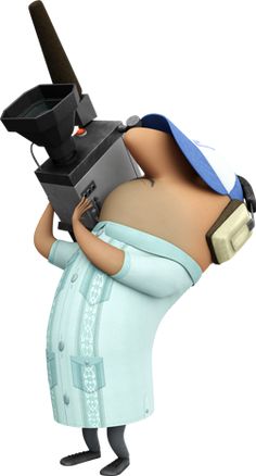 a cartoon character is holding a computer in his arms