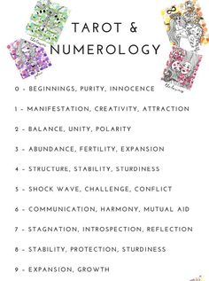 the tarot and numerology poster is shown in white with colorful images on it