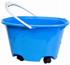 a blue plastic bucket on wheels with a white handle