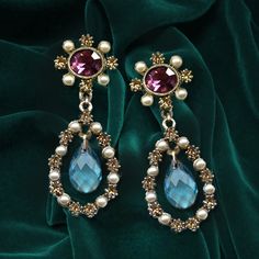 "This French 1700s inspired earrings and necklace feature vintage cut crystal stones in exotic tourmaline shades of blues, amethyst, champagne, green and seed pearls. The stones are in perfect, never used condition, acquired when I first designed and produced these earrings and necklace for the Victoria & Albert Museum. Each of the elements is exquisitely sculptured and joined to create a fluid collar in the Regency style.. It is named Juliette for the woman who inspired it -- Juliette Recamier, Soft Dramatic Jewelry Kibbe, Vintage Royal Jewelry, Vintage Historical Design Earrings For Wedding, Vintage Jeweled Drop Earrings, Antique Crystal Jewelry For Parties, Antique Crystal Jewelry For Party, Ornate Historical Drop Earrings Jewelry, Ornate Historical Design Drop Earrings Jewelry, Ornate Historical Drop Earrings